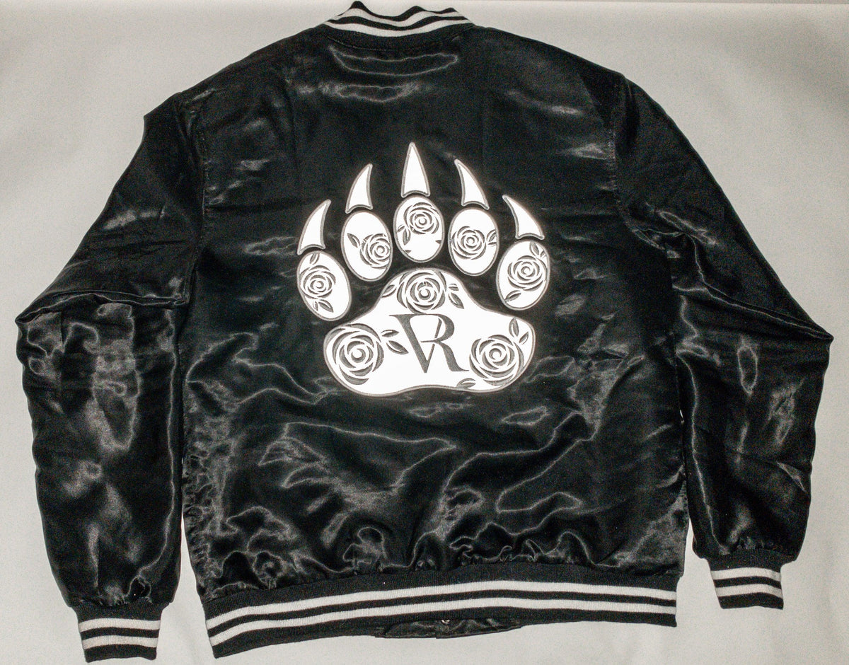 Black Satin Reflective Rose Paw Bomber - Versed Royal Apparel